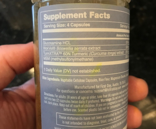 Supplement facts panel for First Day Joint Support